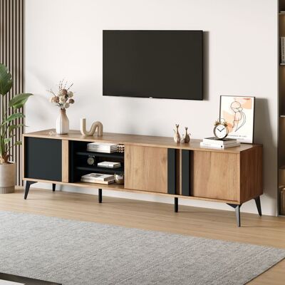VEPSSDER Meuble TV rétro 180cm de long meuble TV en bois à 3 portes avec étagères ouvertes adapté aux téléviseurs de moins de 80 pouces - Publicité VEPSSDER Meuble TV rétro 180cm de long meuble TV en bois à 3 portes avec étagères ouvertes adapté aux téléviseurs de moins de 80 pouces - Publicité