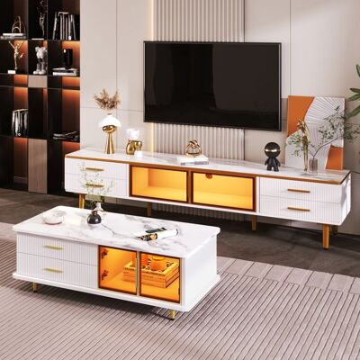 PEACHWARE Nouveau matériau respectueux de lenvironnement table basse armoire TV mobilier de salon modulaire porte en verre trempé Blanc - Publicité PEACHWARE Nouveau matériau respectueux de lenvironnement table basse armoire TV mobilier de salon modulaire porte en verre trempé Blanc - Publicité