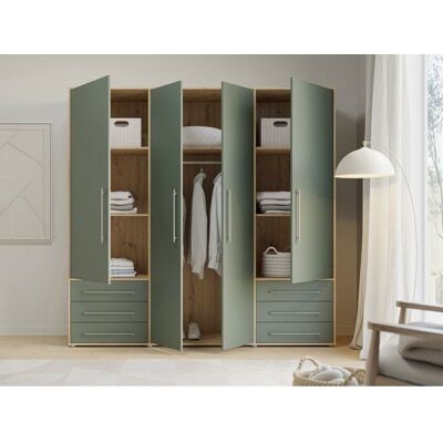 Armoire de chambre - MOKKARO - Décor Vert Sauge et chêne - 4 portes battantes - 6 tiroirs - L2059 x P53 x H200 cm Vert - Publicité Armoire de chambre - MOKKARO - Décor Vert Sauge et chêne - 4 portes battantes - 6 tiroirs - L2059 x P53 x H200 cm Vert - Publicité