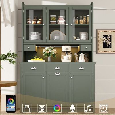 LEMLIT Buffet haut de cuisine LED 120x40x180 cm vaisselier 3 portes vitrées 3 tiroirs étagères réglables coin café et rangement - vert Vert - Publicité LEMLIT Buffet haut de cuisine LED 120x40x180 cm vaisselier 3 portes vitrées 3 tiroirs étagères réglables coin café et rangement - vert Vert - Publicité