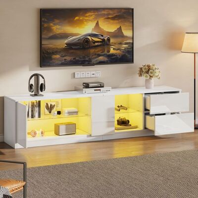 SEYAKANY Meuble TV une porte deux tiroirs finition brillante meuble bas avec éclairage LED adapté aux téléviseurs de 65 pouces 160 cm Blanc - Publicité SEYAKANY Meuble TV une porte deux tiroirs finition brillante meuble bas avec éclairage LED adapté aux téléviseurs de 65 pouces 160 cm Blanc - Publicité