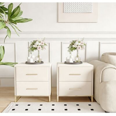 Lot de 2 Tables de Chevet - RAVAS - table dappoint avec deux tiroirs - base plaquée or - style moderne - beige - velours Blanc - Publicité Lot de 2 Tables de Chevet - RAVAS - table dappoint avec deux tiroirs - base plaquée or - style moderne - beige - velours Blanc - Publicité