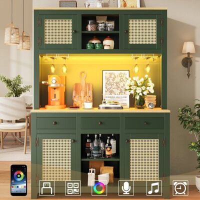 LEMLIT Buffet de cuisine LED 120x40x180 cm vaisselier haut portes cannage rotin tiroirs étagères réglables salon salle à manger - vert Vert - Publicité LEMLIT Buffet de cuisine LED 120x40x180 cm vaisselier haut portes cannage rotin tiroirs étagères réglables salon salle à manger - vert Vert - Publicité