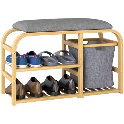 Meuble à chaussures - HOMCOM - coussin dassise 2 étagères à lattes et panier en tissu coulissant - 70x30x45cm - bois naturel Beige - Publicité Meuble à chaussures - HOMCOM - coussin dassise 2 étagères à lattes et panier en tissu coulissant - 70x30x45cm - bois naturel Beige - Publicité
