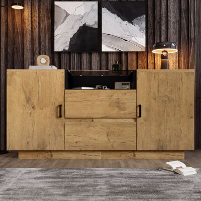 Buffet bas - LEMONBEST - 140 x 40 x 70 cm - Chêne clair - 2 portes 2 tiroirs - Verre trempé marron Marron - Publicité Buffet bas - LEMONBEST - 140 x 40 x 70 cm - Chêne clair - 2 portes 2 tiroirs - Verre trempé marron Marron - Publicité