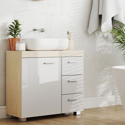 VASAGLE Meuble sous lavabo - Blanc nuage et beige - 3 tiroirs - 2 compartiments - MDF - 30x70x64 cm Blanc - Publicité VASAGLE Meuble sous lavabo - Blanc nuage et beige - 3 tiroirs - 2 compartiments - MDF - 30x70x64 cm Blanc - Publicité