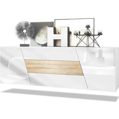 Buffet bas VLADON Houston - 2 portes 3 tiroirs - Blanc mat blanc brillant chêne nature Marron - Publicité Buffet bas VLADON Houston - 2 portes 3 tiroirs - Blanc mat blanc brillant chêne nature Marron - Publicité