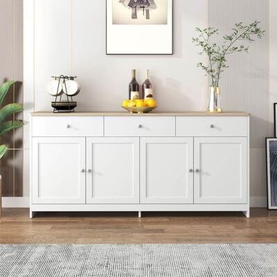 Buffet bas - LEMONBEST - 160 x 37 x 75 cm - 3 tiroirs - 4 portes - Blanc et aspect bois Blanc - Publicité Buffet bas - LEMONBEST - 160 x 37 x 75 cm - 3 tiroirs - 4 portes - Blanc et aspect bois Blanc - Publicité