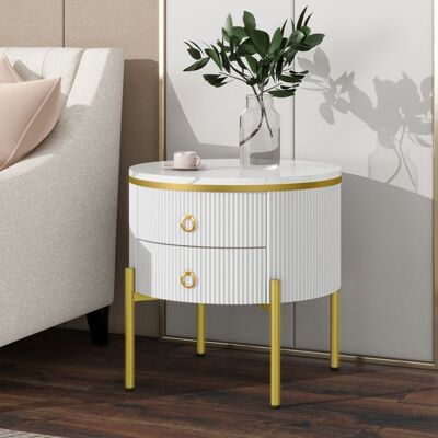 OEM Table dappoint en marbre - 50x50x51 cm - Blanc et Or - Tiroirs texturés - Pieds réglables - Surface en marbre Blanc - Publicité OEM Table dappoint en marbre - 50x50x51 cm - Blanc et Or - Tiroirs texturés - Pieds réglables - Surface en marbre Blanc - Publicité