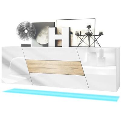 Vladon buffet Houston avec 2 portes et 3 tiroirs façades blanc brillant tiroir central chêne nature éclairage LED inclus Marron - Publicité Vladon buffet Houston avec 2 portes et 3 tiroirs façades blanc brillant tiroir central chêne nature éclairage LED inclus Marron - Publicité