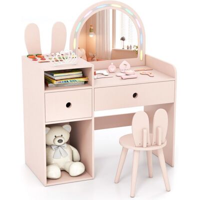 COSTWAY Coiffeuse avec Chaise en Lapin pour Enfants - Miroir Lumineux - 2 Tiroirs - Étagères Ouvertes de Rangement Rose Rose - Publicité COSTWAY Coiffeuse avec Chaise en Lapin pour Enfants - Miroir Lumineux - 2 Tiroirs - Étagères Ouvertes de Rangement Rose Rose - Publicité