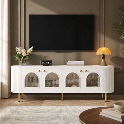 ELVMI Meuble TV - Portes en Verre et Rangement Pieds et Poignées Dorés Design Moderne en MDF et Métal Blanc et Or 170×35×55 cm Blanc - Publicité ELVMI Meuble TV - Portes en Verre et Rangement Pieds et Poignées Dorés Design Moderne en MDF et Métal Blanc et Or 170×35×55 cm Blanc - Publicité