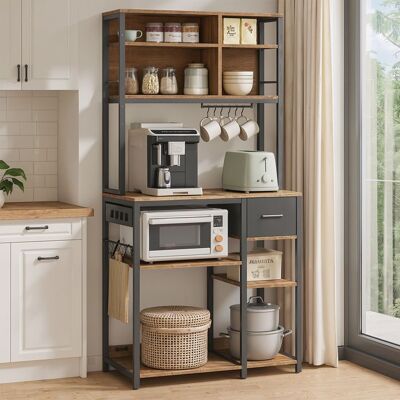 VASAGLE Desserte de cuisine avec prises étagère pour micro-ondes étagères réglables 12 crochets 401 x 801 x 1805 cmmarron et noir Marron - Publicité VASAGLE Desserte de cuisine avec prises étagère pour micro-ondes étagères réglables 12 crochets 401 x 801 x 1805 cmmarron et noir Marron - Publicité