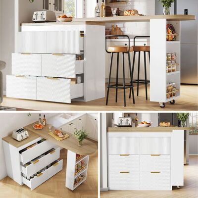 Meuble Bar de Cuisine - 6 Tiroirs - Blanc Effet Bois- Table Haute et Rangements Latéraux - Merax Blanc - Publicité Meuble Bar de Cuisine - 6 Tiroirs - Blanc Effet Bois- Table Haute et Rangements Latéraux - Merax Blanc - Publicité