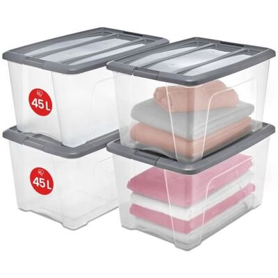 Lot de 4 boîtes de rangement empilables - IRIS OHYAMA - New Top Box - 45 L - Transparent / Gris Gris - Publicité Lot de 4 boîtes de rangement empilables - IRIS OHYAMA - New Top Box - 45 L - Transparent / Gris Gris - Publicité