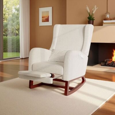 Fauteuil à bascule avec un repose jambes télescopique ADWOLT rocking chair sac de rangement meuble de salon tissu en lin beige Beige - Publicité Fauteuil à bascule avec un repose jambes télescopique ADWOLT rocking chair sac de rangement meuble de salon tissu en lin beige Beige - Publicité