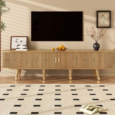 Meuble TV - 175x38x45 cm - 2 portes coulissantes - 2 tiroirs - Bois clair rustique Marron - Publicité Meuble TV - 175x38x45 cm - 2 portes coulissantes - 2 tiroirs - Bois clair rustique Marron - Publicité