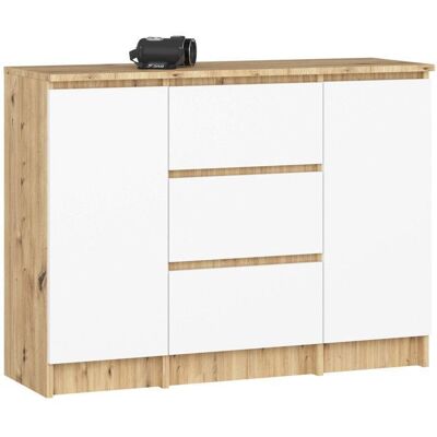 Commode AKORD K100 Chêne Artisan 101 cm 2 portes 3 tiroirs façade Blanche 4 étagères 101x35x76 cm Marron - Publicité Commode AKORD K100 Chêne Artisan 101 cm 2 portes 3 tiroirs façade Blanche 4 étagères 101x35x76 cm Marron - Publicité