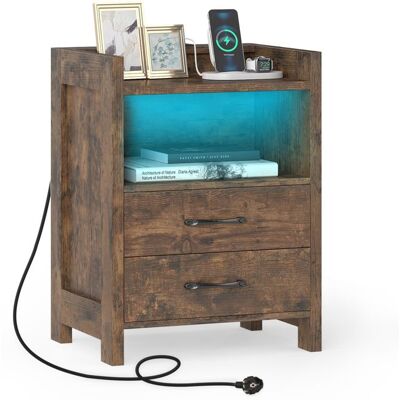 COSTWAY Table de Chevet LED avec Prises Électriques 2 Tiroirs et Étagère Ouverte pour Salon Chambre 45 x 35 x 60 cm Marron Marron - Publicité COSTWAY Table de Chevet LED avec Prises Électriques 2 Tiroirs et Étagère Ouverte pour Salon Chambre 45 x 35 x 60 cm Marron Marron - Publicité