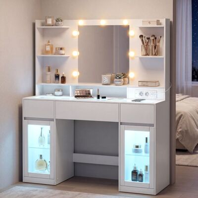 VASAGLE Coiffeuse avec Miroir LED avec Bandes Lumineuses 2 Placards Vitrés 3 Tiroirs 8 Étagères Style Moderne Blanc Blanc - Publicité VASAGLE Coiffeuse avec Miroir LED avec Bandes Lumineuses 2 Placards Vitrés 3 Tiroirs 8 Étagères Style Moderne Blanc Blanc - Publicité