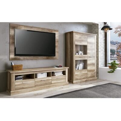 PEGANE Ensemble de salon meuble TV + vitrine basse + panneau TV coloris chêne vieilli Beige - Publicité PEGANE Ensemble de salon meuble TV + vitrine basse + panneau TV coloris chêne vieilli Beige - Publicité