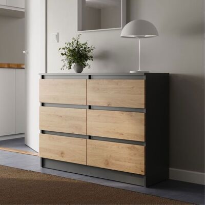 HOME COLLECTIVE Commode 6 tiroirs - 95x35x78 cm - Commode de chambre style scandinave - Meuble de rangement - Anthracite et Chêne Gris - Publicité HOME COLLECTIVE Commode 6 tiroirs - 95x35x78 cm - Commode de chambre style scandinave - Meuble de rangement - Anthracite et Chêne Gris - Publicité