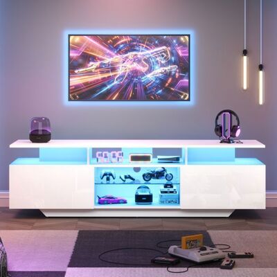 MERAX Meuble TV LED Blanc Laqué 160 x 40 x 45 cm avec 2 Placards Verre Trempé et Éclairage Armoire TV Moderne pour TV 70 Pouces Blanc - Publicité MERAX Meuble TV LED Blanc Laqué 160 x 40 x 45 cm avec 2 Placards Verre Trempé et Éclairage Armoire TV Moderne pour TV 70 Pouces Blanc - Publicité
