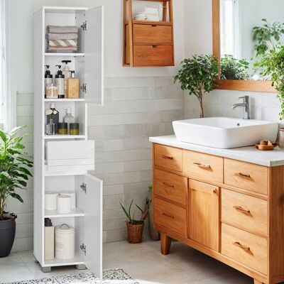 VASAGLE Meuble de Salle de Bain avec Un Tiroir Étagères Ajustables Compartiment Ouvert 30 x 30 x 170 cm Blanc Blanc - Publicité VASAGLE Meuble de Salle de Bain avec Un Tiroir Étagères Ajustables Compartiment Ouvert 30 x 30 x 170 cm Blanc Blanc - Publicité