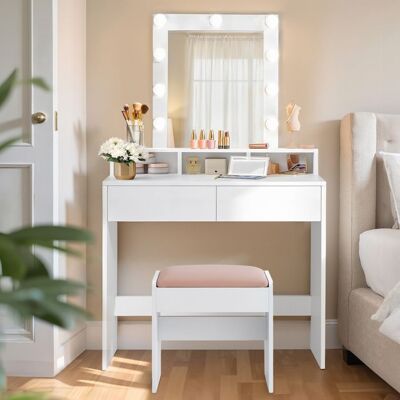 VASAGLE Coiffeuse avec Éclairage LED Tabouret avec 2 Tiroirs et 3 Compartiments Blanc et Blanc Mat-Rose Bonbon Blanc - Publicité VASAGLE Coiffeuse avec Éclairage LED Tabouret avec 2 Tiroirs et 3 Compartiments Blanc et Blanc Mat-Rose Bonbon Blanc - Publicité