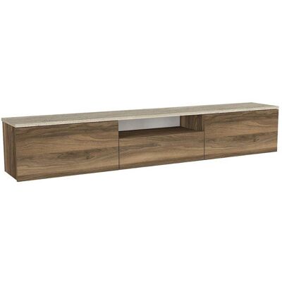 VENTE-UNIQUE Meuble TV suspendu avec 3 portes et 1 niche - Naturel foncé et effet travertin beige - LOTULA Beige - Publicité VENTE-UNIQUE Meuble TV suspendu avec 3 portes et 1 niche - Naturel foncé et effet travertin beige - LOTULA Beige - Publicité