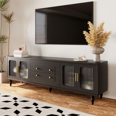 NALOOKAMIC Armoire TV Style Rétro Meuble TV 4 Porte en Verre 2 Tiroirs Meubles de salon Elégant Noir 175x38x55.5cm Noir - Publicité NALOOKAMIC Armoire TV Style Rétro Meuble TV 4 Porte en Verre 2 Tiroirs Meubles de salon Elégant Noir 175x38x55.5cm Noir - Publicité