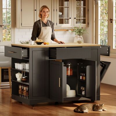 LEMLIT Îlot de cuisine mobile 120x50x92 cm noir effet bois desserte à roulettes avec compartiment poubelle 2 portes 3 tiroirs sans bac Noir - Publicité LEMLIT Îlot de cuisine mobile 120x50x92 cm noir effet bois desserte à roulettes avec compartiment poubelle 2 portes 3 tiroirs sans bac Noir - Publicité