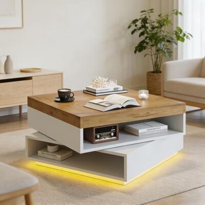 MERAX Table Basse Carrée Pivotante 65 cm avec LED et Rangement Ouvert Table de Salon Blanc et Bois Moderne Blanc - Publicité MERAX Table Basse Carrée Pivotante 65 cm avec LED et Rangement Ouvert Table de Salon Blanc et Bois Moderne Blanc - Publicité
