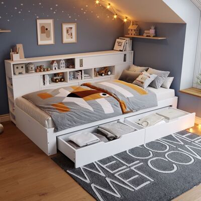LEMONBEST Lit enfant 90 x 190 cm avec 2 tiroirs étagère et armoire de rangement Canapé-lit multifonctionnel Lit simple Blanc Blanc - Publicité LEMONBEST Lit enfant 90 x 190 cm avec 2 tiroirs étagère et armoire de rangement Canapé-lit multifonctionnel Lit simple Blanc Blanc - Publicité