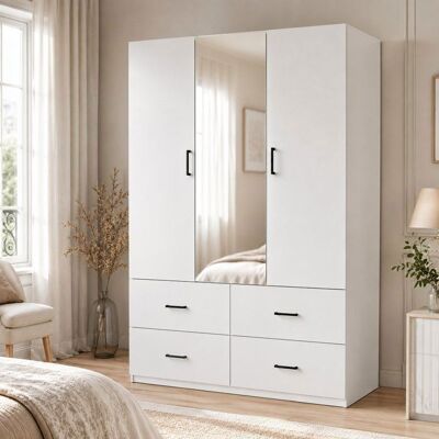LEWW Armoire - 2 Portes battantes+miroir+4 tiroirs+penderie - Design moderne blanc - Chambre adulte ou enfant - L130 x P518 x H1815 cm Blanc - Publicité LEWW Armoire - 2 Portes battantes+miroir+4 tiroirs+penderie - Design moderne blanc - Chambre adulte ou enfant - L130 x P518 x H1815 cm Blanc - Publicité