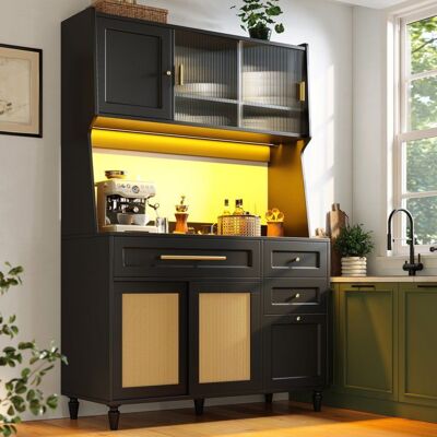 MERAX Buffet de Cuisine 120 x 45 x 1955 cm Noir avec Portes Coulissantes en PE Rotin et LED Meuble Haut avec 3 Tiroirs et Vitrine Noir - Publicité MERAX Buffet de Cuisine 120 x 45 x 1955 cm Noir avec Portes Coulissantes en PE Rotin et LED Meuble Haut avec 3 Tiroirs et Vitrine Noir - Publicité