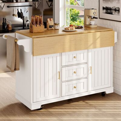 LEMLIT Îlot de cuisine extensible 120x40-80x95cm blanc et bois desserte à roulettes plan rabattable 2 portes 3 tiroirs porte-serviettes Blanc - Publicité LEMLIT Îlot de cuisine extensible 120x40-80x95cm blanc et bois desserte à roulettes plan rabattable 2 portes 3 tiroirs porte-serviettes Blanc - Publicité