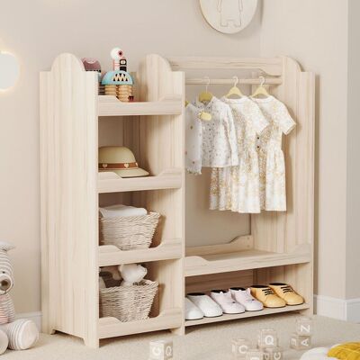 XYLO Armoire enfant penderie tringle à vêtements 4 étagères bois naturel rangement chambre Beige - Publicité XYLO Armoire enfant penderie tringle à vêtements 4 étagères bois naturel rangement chambre Beige - Publicité
