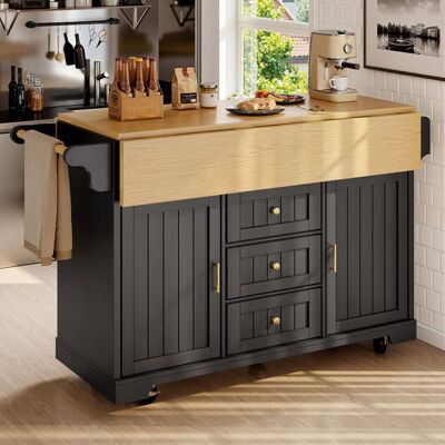 LEMLIT Îlot de cuisine extensible 120x40-80x95cm noir et bois desserte à roulettes plan rabattable 2 portes 3 tiroirs porte-serviettes Noir - Publicité LEMLIT Îlot de cuisine extensible 120x40-80x95cm noir et bois desserte à roulettes plan rabattable 2 portes 3 tiroirs porte-serviettes Noir - Publicité