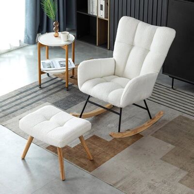 Fauteuil à bascule - LEMONBEST - Velours Teddy - Dossier haut - Repose-pieds assorti - Pieds bois blanc Blanc - Publicité Fauteuil à bascule - LEMONBEST - Velours Teddy - Dossier haut - Repose-pieds assorti - Pieds bois blanc Blanc - Publicité