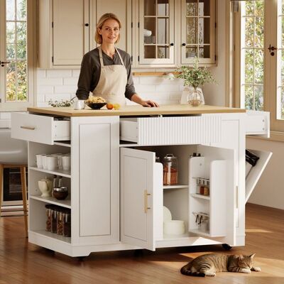 LEMLIT Îlot de cuisine mobile 120x50x92 cm blanc effet bois desserte à roulettes avec compartiment poubelle 2 portes 3 tiroirs sans bac Blanc - Publicité LEMLIT Îlot de cuisine mobile 120x50x92 cm blanc effet bois desserte à roulettes avec compartiment poubelle 2 portes 3 tiroirs sans bac Blanc - Publicité