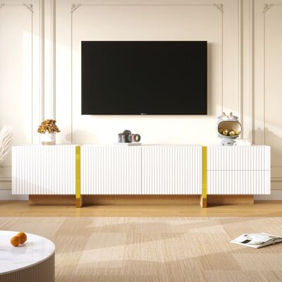 Blueline Épaisseur matériau résistant 190 cm meuble TV 3 portes 2 tiroirs blanc avec dorure et grain de bois Blanc - Publicité Blueline Épaisseur matériau résistant 190 cm meuble TV 3 portes 2 tiroirs blanc avec dorure et grain de bois Blanc - Publicité