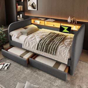 Lit rembourré - MERAX - Lit banquette LED et ports USB - 140x190 cm - 2 tiroirs - tissu lin gris Gris - Publicité Lit rembourré - MERAX - Lit banquette LED et ports USB - 140x190 cm - 2 tiroirs - tissu lin gris Gris - Publicité