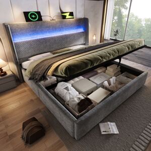 KoDise Lit coffre 140x200 cm Lit double Lit adulte avec LED et port USB - tête de lit capitonnée - Lin gris Gris - Publicité KoDise Lit coffre 140x200 cm Lit double Lit adulte avec LED et port USB - tête de lit capitonnée - Lin gris Gris - Publicité