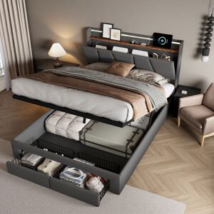 ADWOLT Lit coffre 140x190 cm avec LED lit adulte avec sommier à lattes ports USB Type C 2 tiroir tête rangement lin Gris - Publicité ADWOLT Lit coffre 140x190 cm avec LED lit adulte avec sommier à lattes ports USB Type C 2 tiroir tête rangement lin Gris - Publicité