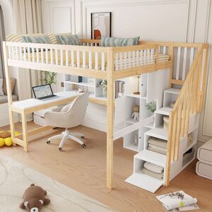 DESVIAE Lit mezzanine adulte 140×200cm avec bureau et meuble de rangement LED antichute sans matelas pin blanc + naturel Blanc - Publicité DESVIAE Lit mezzanine adulte 140×200cm avec bureau et meuble de rangement LED antichute sans matelas pin blanc + naturel Blanc - Publicité