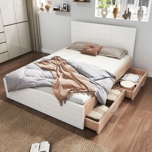 LINKHOO lit double en bois avec 2 tiroirs avec cadre de lit et sommier à lattes sans matelas 160×200 cm chêne/blanc - Publicité LINKHOO lit double en bois avec 2 tiroirs avec cadre de lit et sommier à lattes sans matelas 160×200 cm chêne/blanc - Publicité