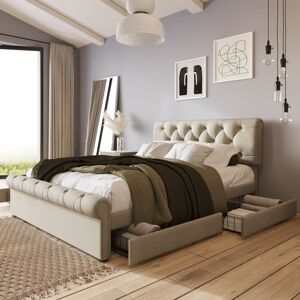 MERAX Lit capitonné 140 x 200 cm avec 2 tiroirs pour 2 places Tissu en lin Tête de lit réglable Désign élégant Couleur naturelle - Publicité MERAX Lit capitonné 140 x 200 cm avec 2 tiroirs pour 2 places Tissu en lin Tête de lit réglable Désign élégant Couleur naturelle - Publicité