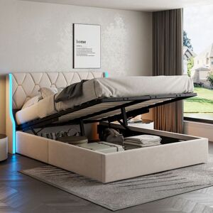Lit coffre capitonné - PERGAR - 140 x 190 cm - Velours Beige - Tête de lit LED - Rangement intégré Beige - Publicité Lit coffre capitonné - PERGAR - 140 x 190 cm - Velours Beige - Tête de lit LED - Rangement intégré Beige - Publicité