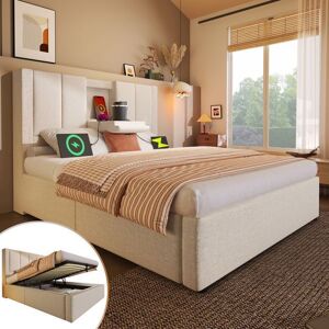 Lit coffre rembourré - MERAX - 90x200 cm - Porte-gobelet & station de charge - Lin beige - Coffre hydraulique Beige - Publicité Lit coffre rembourré - MERAX - 90x200 cm - Porte-gobelet & station de charge - Lin beige - Coffre hydraulique Beige - Publicité